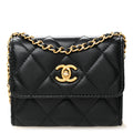 Chanel Lambskin Quilted Pearl Crush Card Holder With Chain Black