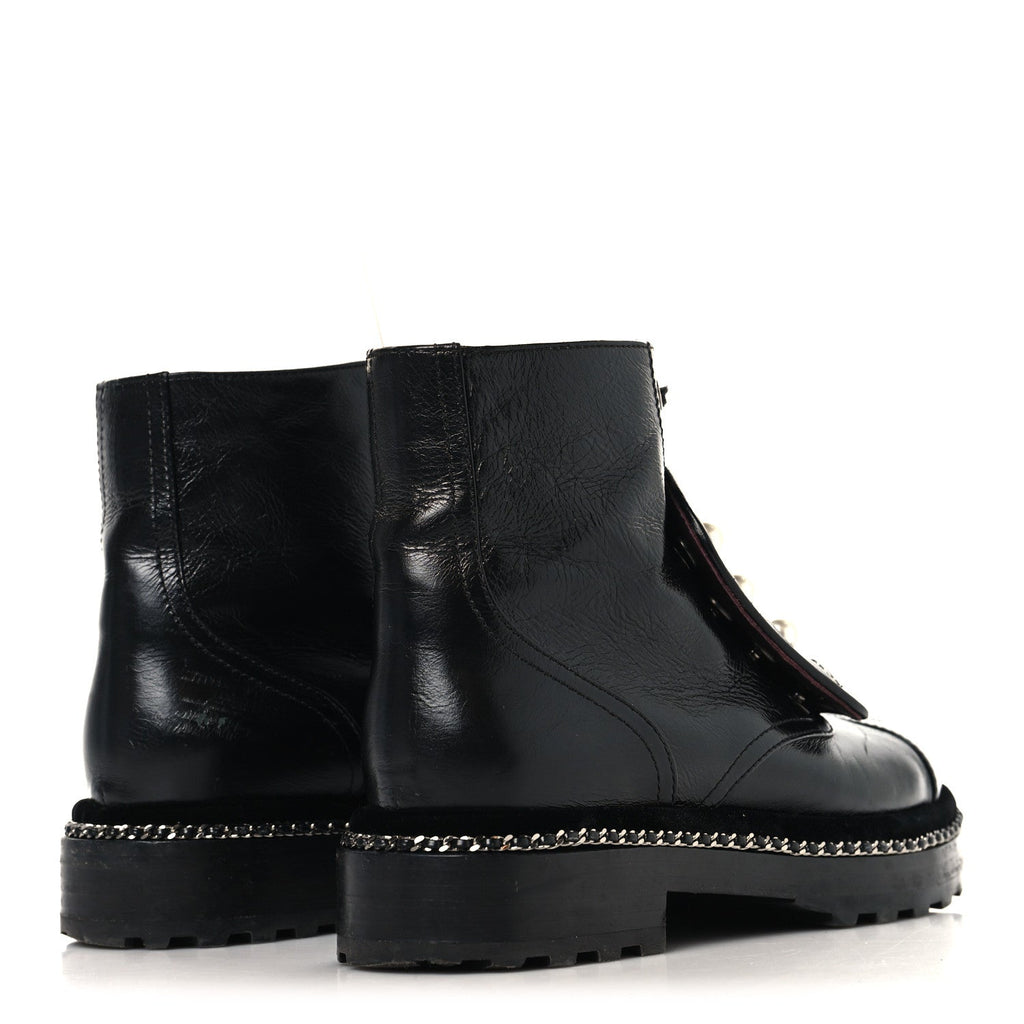 Crackled Calfskin Velvet Pearl Combat Short Boots 37.5 Black