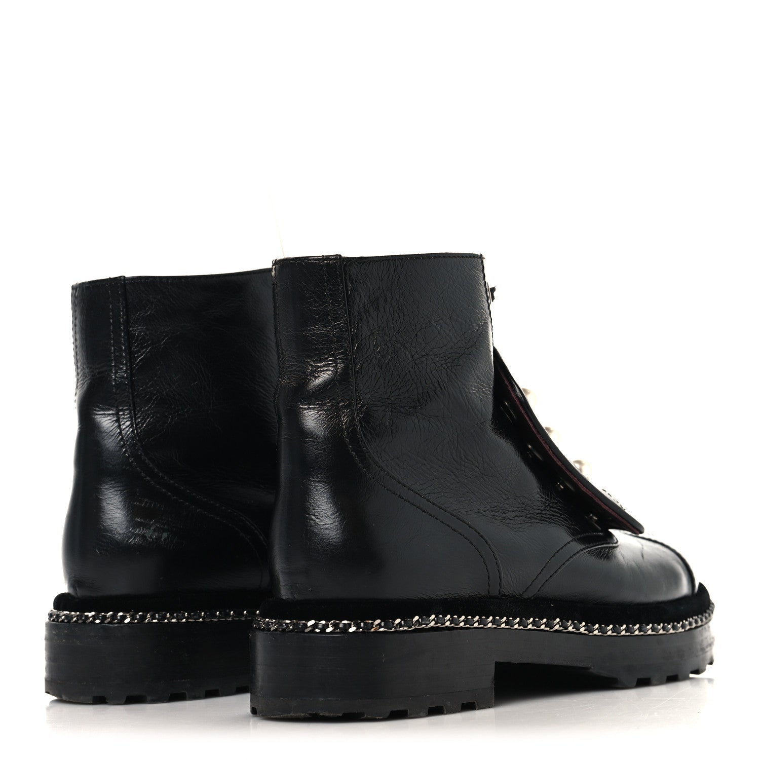 Crackled Calfskin Velvet Pearl Combat Short Boots 37.5 Black