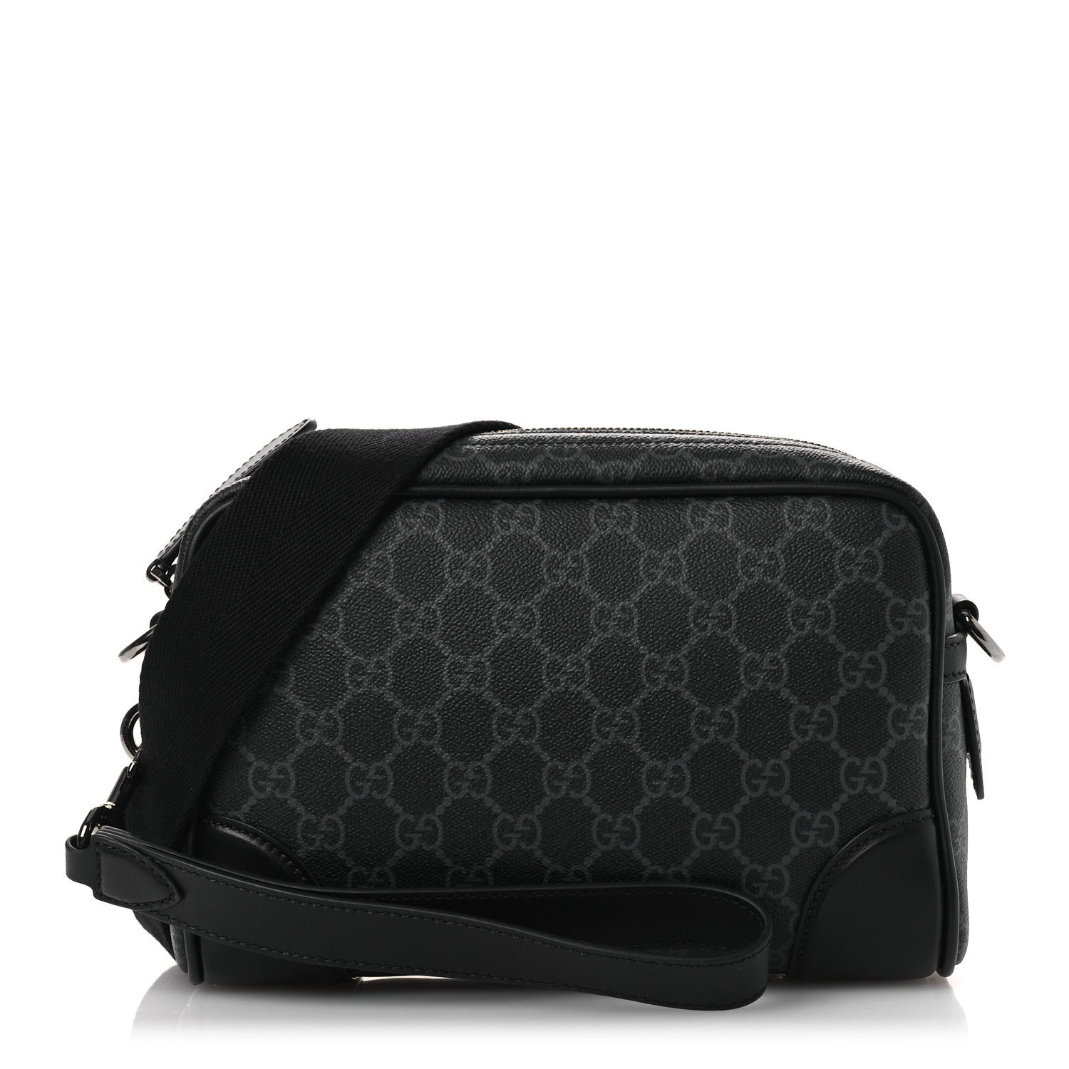 Gucci GG Supreme Monogram Textured Calfskin Emblem Small Crossbody Black