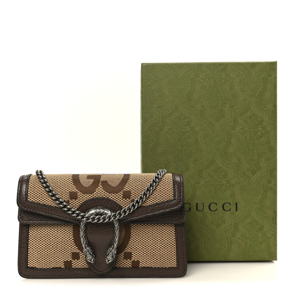 Gucci Monogram Jumbo GG Textured Dollar Calfskin Super Mini Dionysus Shoulder Bag Camel Ebony New Acero