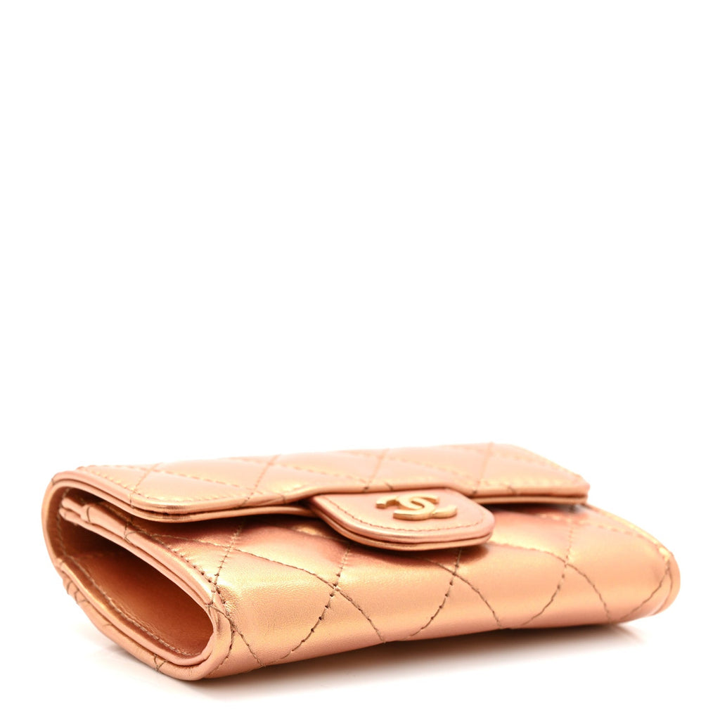 Metallic Lambskin Quilted Flap Card Holder Wallet Golden