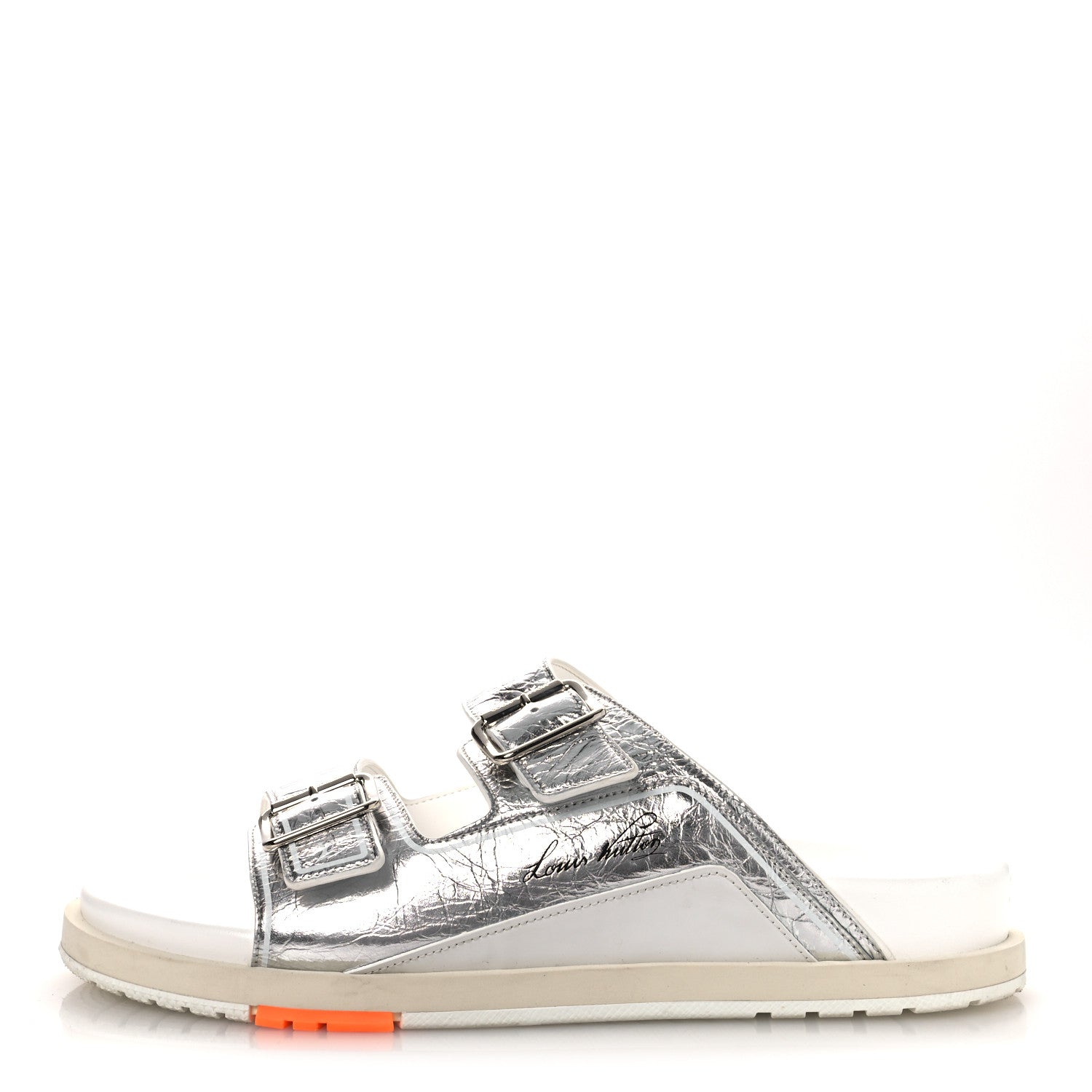 Louis Vuitton Metallic Mix Materials Mens LV Script Trainer Mules 11 Silver Multicolor