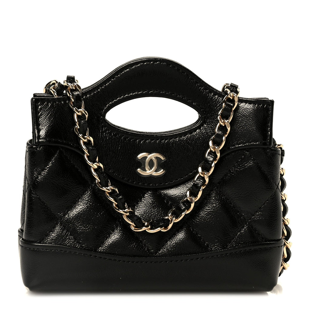 Chanel Shiny Lambskin Quilted Micro 31 Clutch With Chain Black