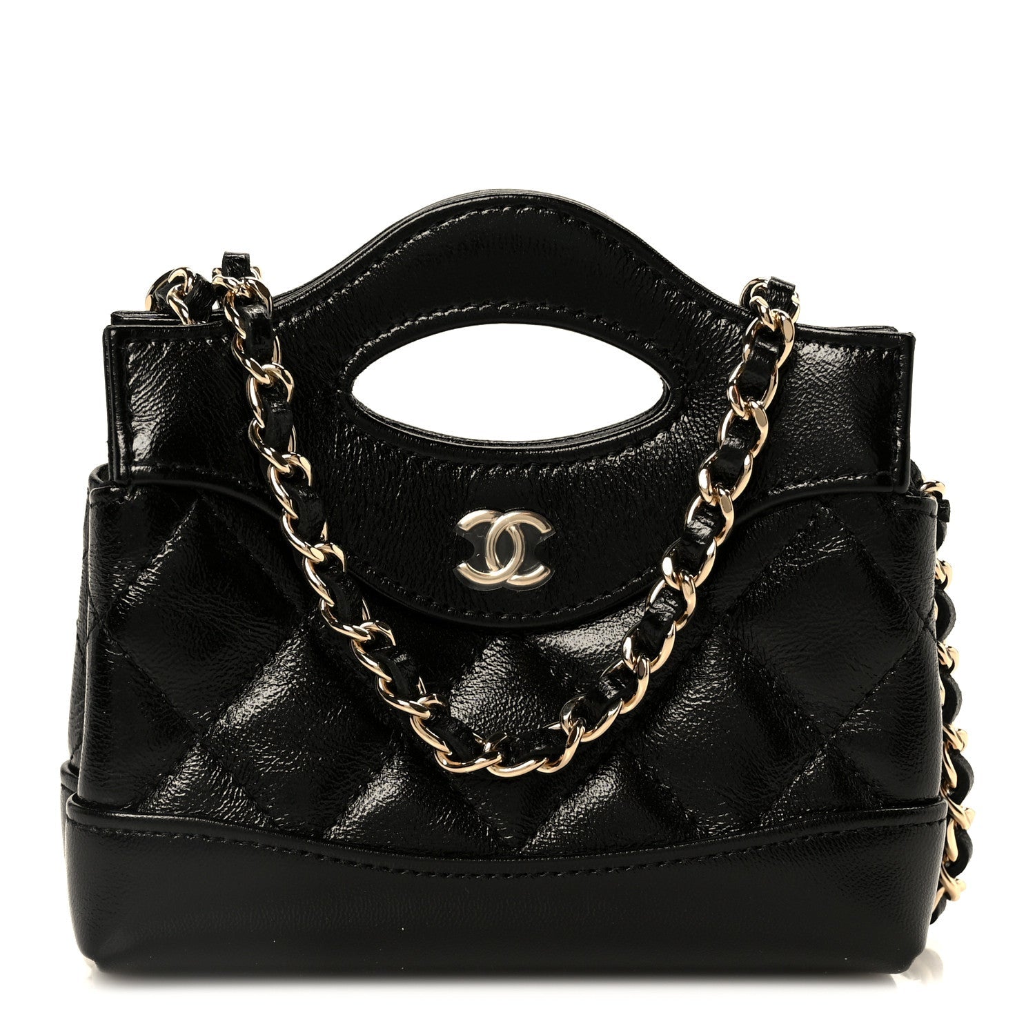 Chanel Shiny Lambskin Quilted Micro 31 Clutch With Chain Black