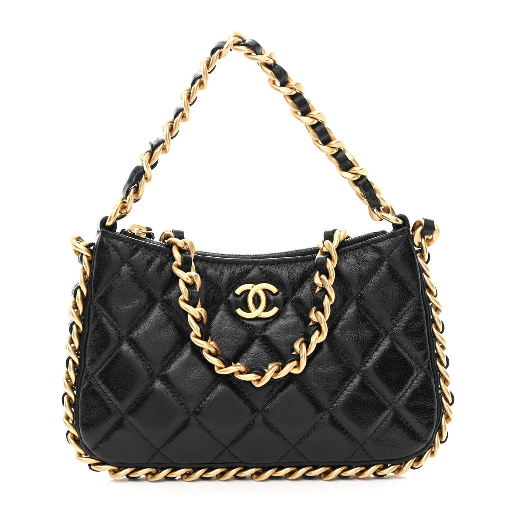 Chanel Lambskin Quilted Chain Around Top Handle Mini Bag Black