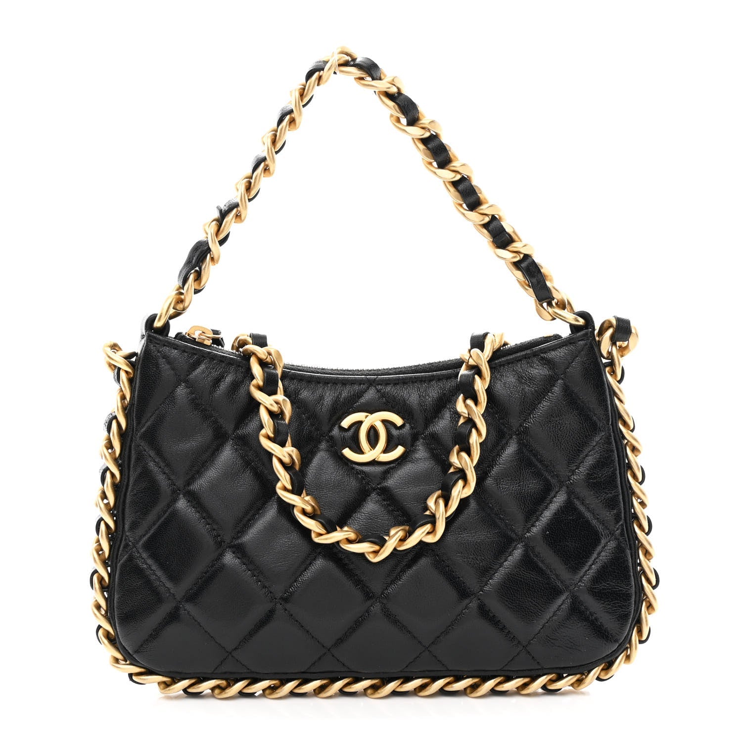 Chanel Lambskin Quilted Chain Around Top Handle Mini Bag Black