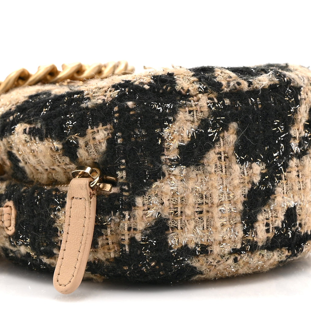 Chanel Wool Tweed Lambskin Quilted Chanel 19 Round Clutch With Chain and Coin Purse Beige Black