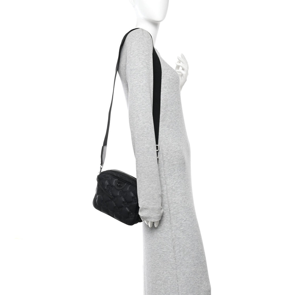 Gucci Nylon Calfskin Enamel GG Matelasse Shoulder Bag Black