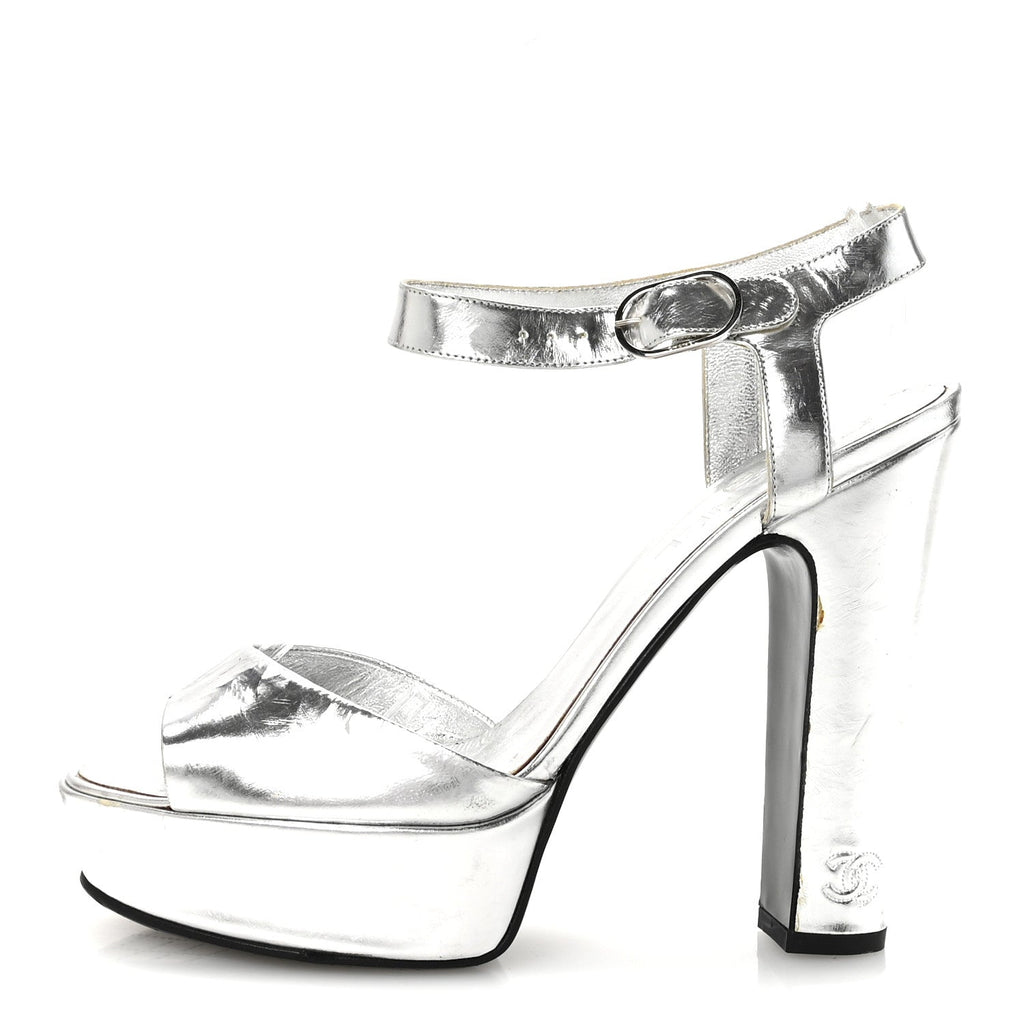 Metallic Laminated Calfskin CC Platform Sandals 40 Silver
