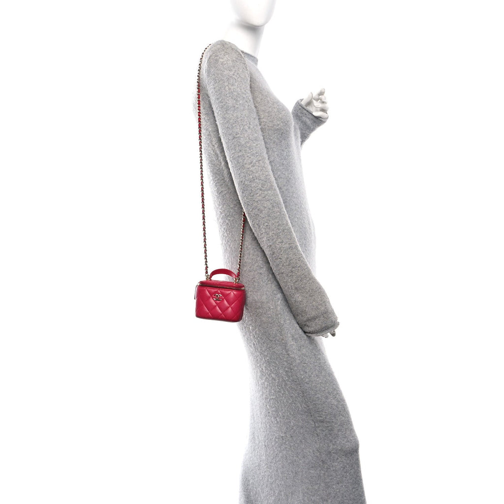 Chanel Lambskin Quilted Mini Top Handle Vanity Case With Chain Dark Pink
