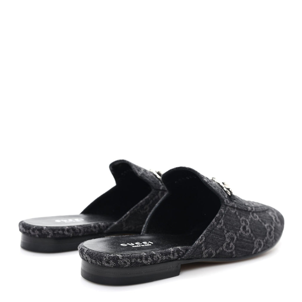 Gucci New Denim GG Malaga Kid Womens Princetown Slippers 37.5 Grey Black