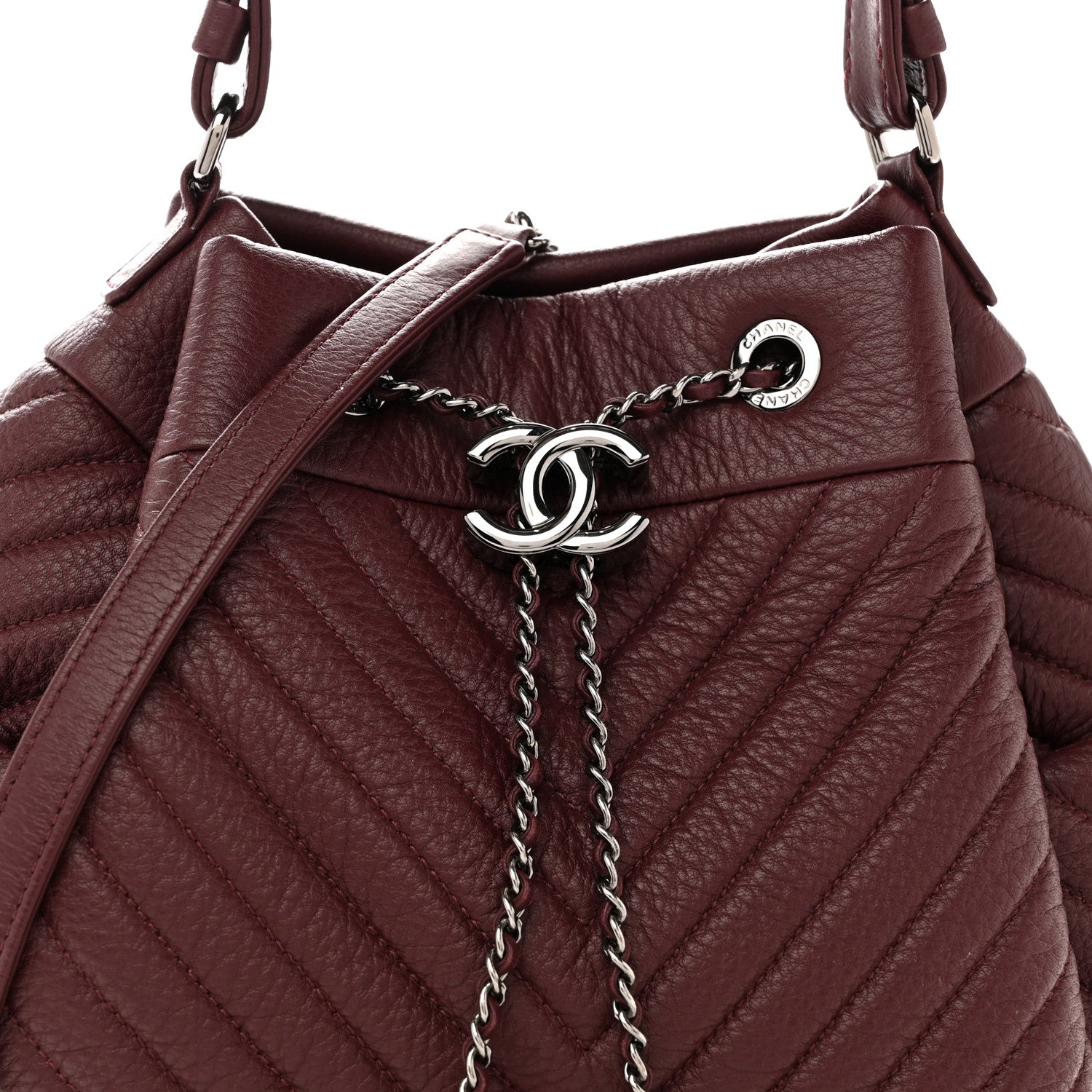 Chanel Deerskin Chevron Medium CC Chain Bucket Drawstring Bag Burgundy