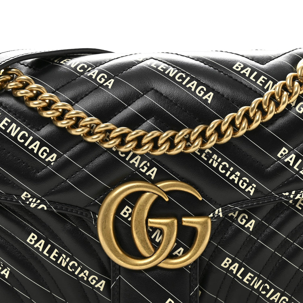 Gucci X BALENCIAGA Calfskin Matelasse Logo Print Small GG Marmont Shoulder Bag Black