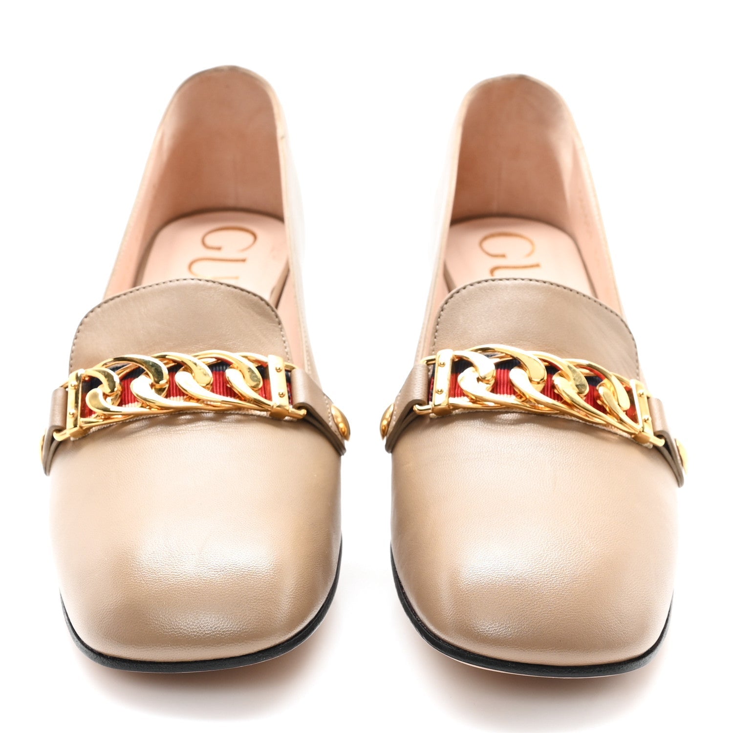 Gucci Malaga Kid Sylvie Web Chain Mid Heel Loafers 39.5 Mud