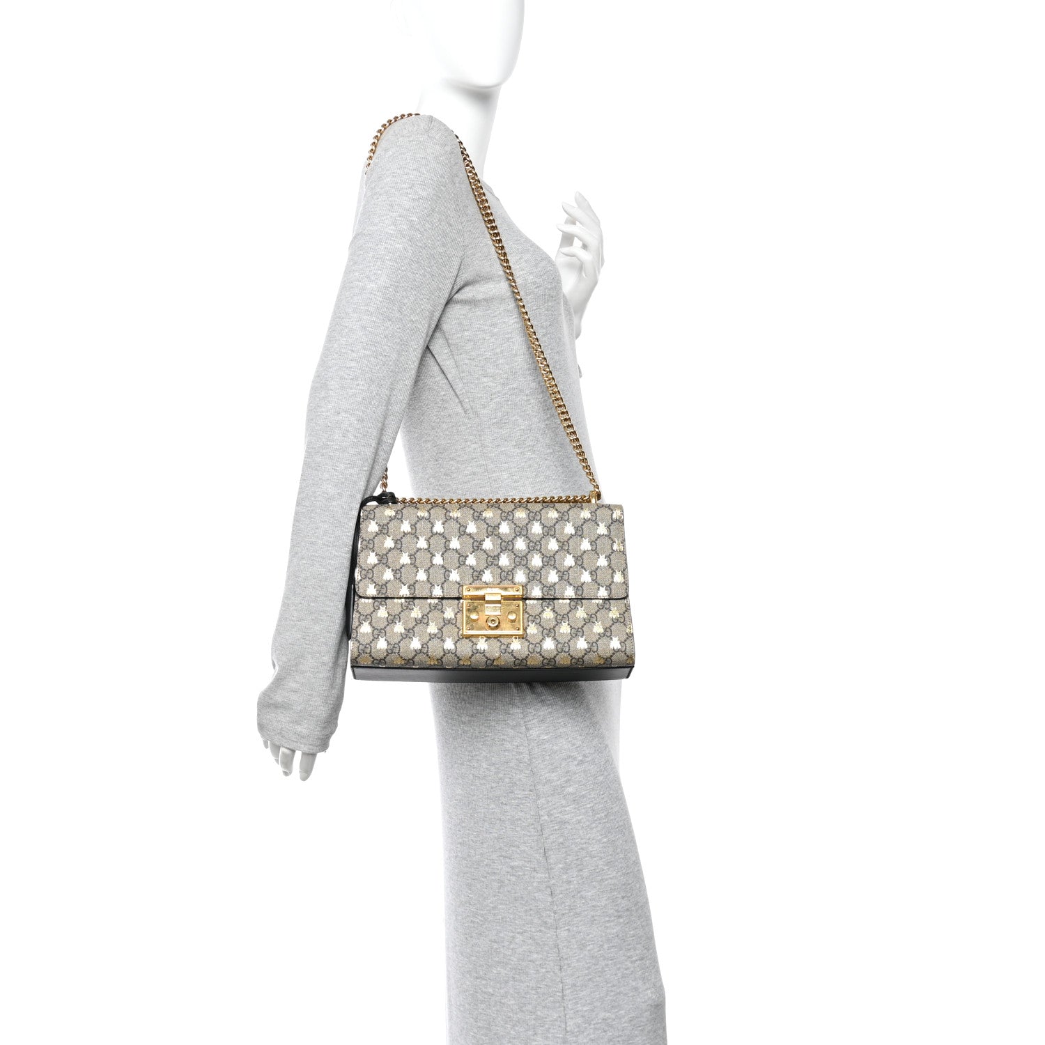 Gucci GG Supreme Monogram Bees Medium Padlock Shoulder Bag Beige Oro Black