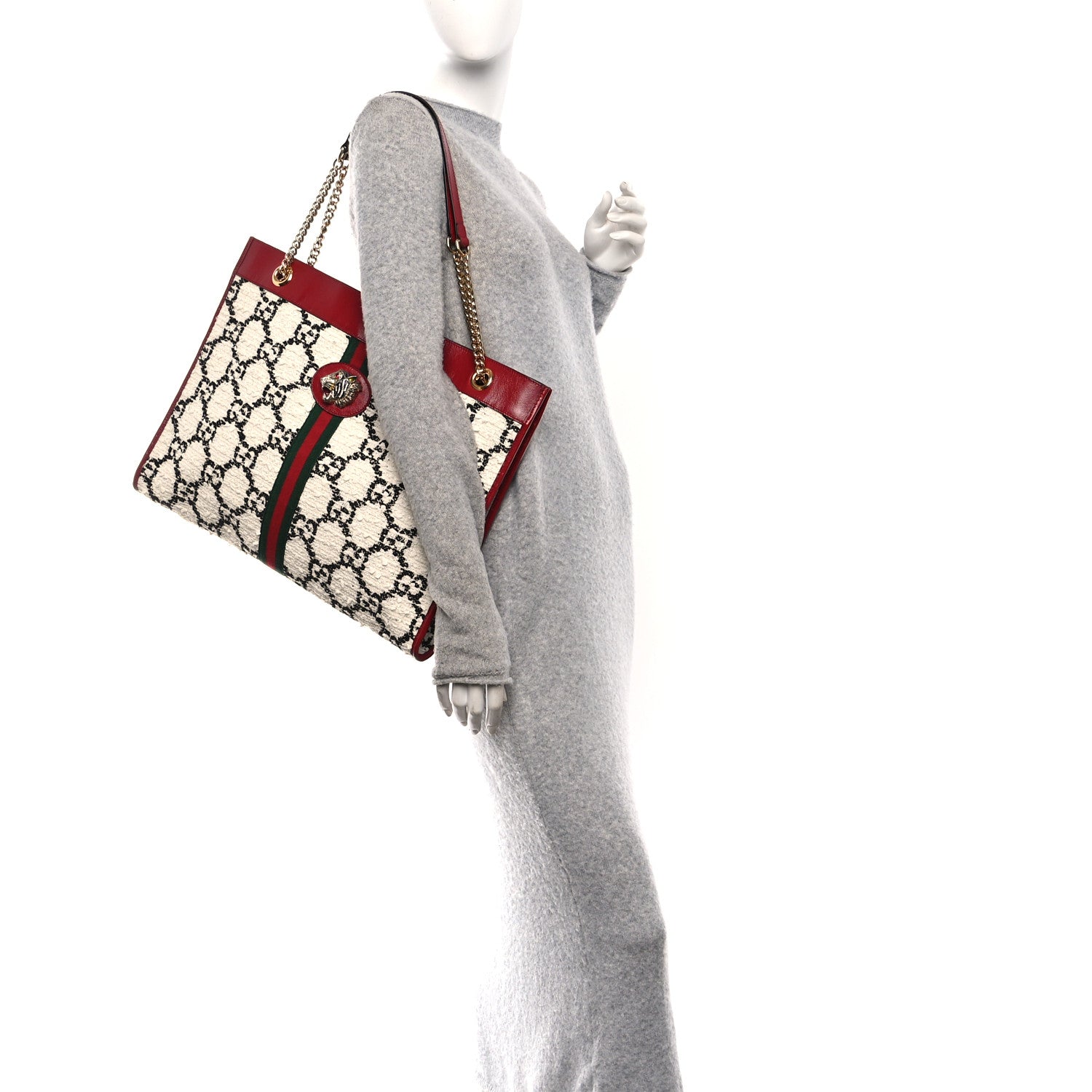 Gucci Tweed GG Monogram Large Rajah Chain Tote White Black Romantic Cherry