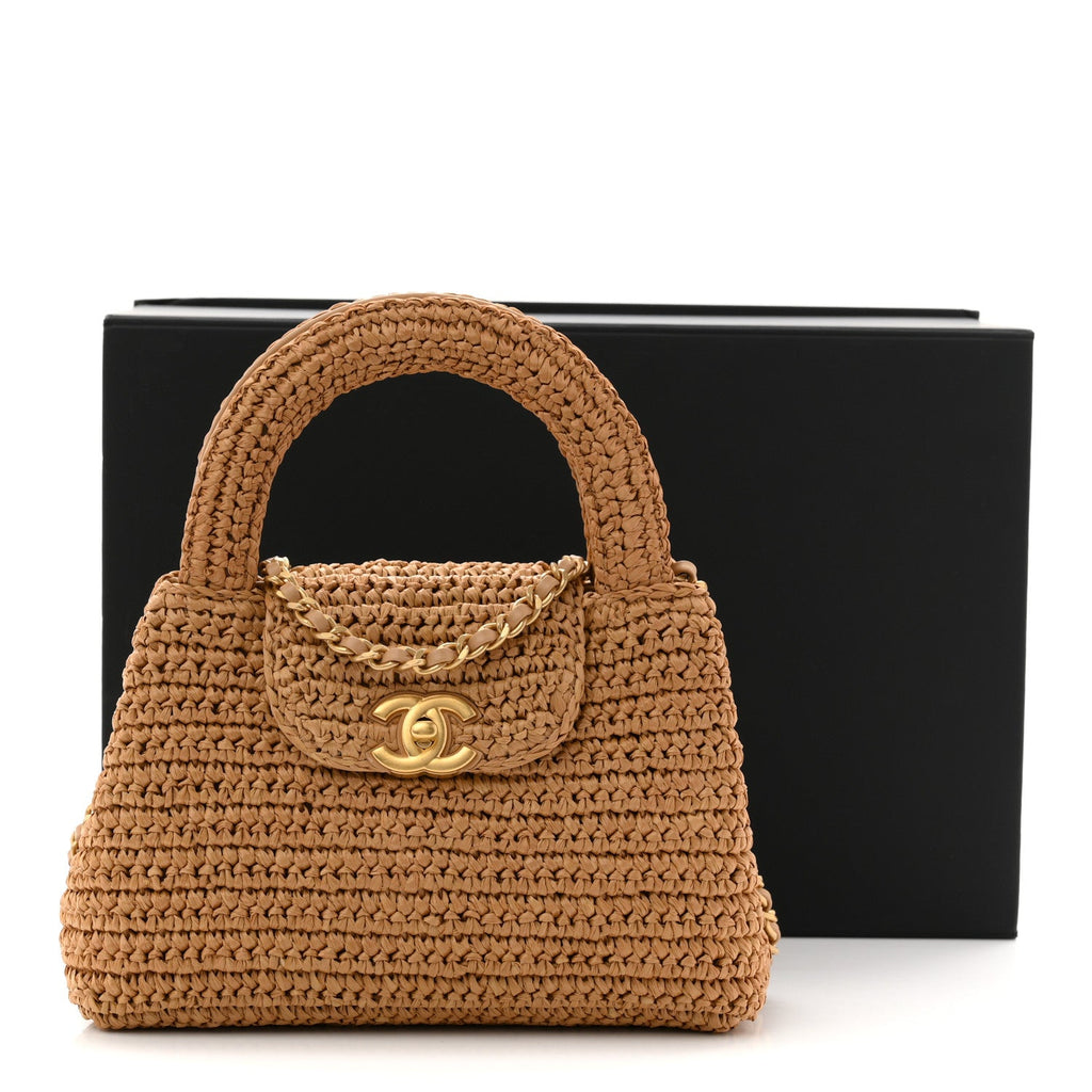 Chanel Braided Raffia Nano Kelly Flap Bag Dark Beige