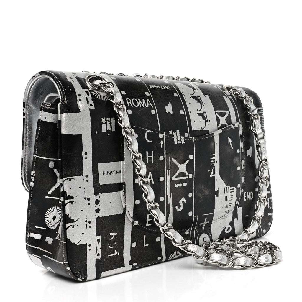 Chanel Lambskin Graffiti Printed Medium Double Flap Black Silver