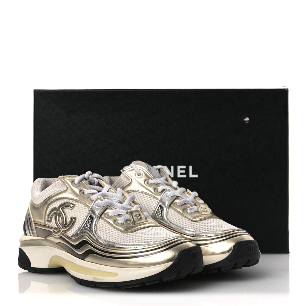 Fabric Laminated Calfskin Stretch CC Sneakers 37 White Gold Silver