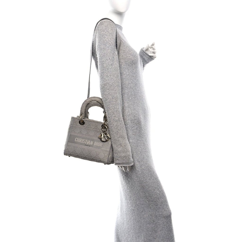 Christian Dior Canvas Embroidered Cannage Medium Lady D-Lite Gray