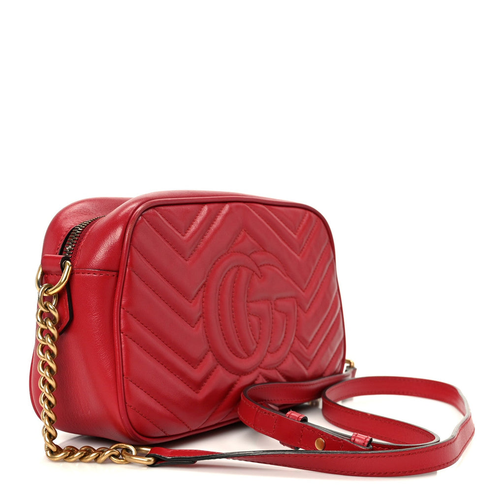 Gucci Calfskin Matelasse Small GG Marmont Chain Shoulder Bag Hibiscus Red