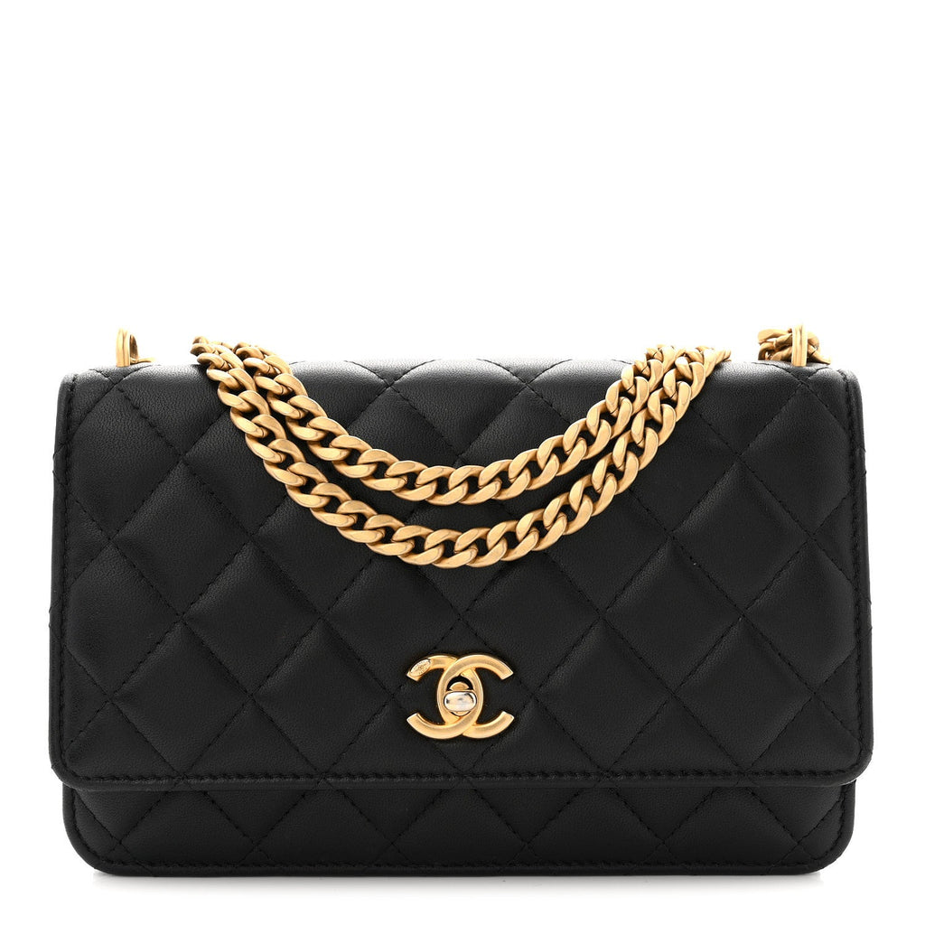 Chanel Lambskin Quilted Sweet Camellia Wallet On Chain WOC Black
