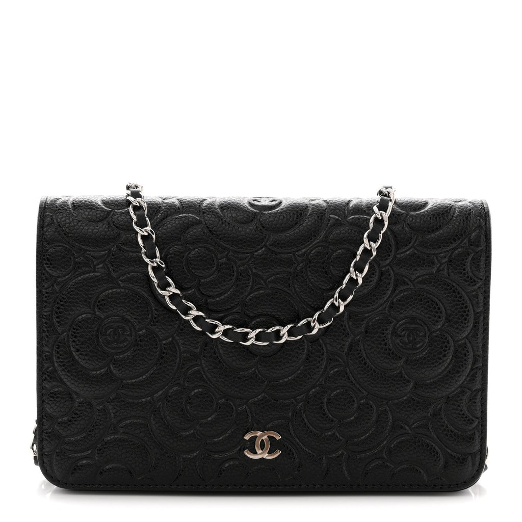 Chanel Caviar Camellia Embossed Wallet On Chain WOC Black