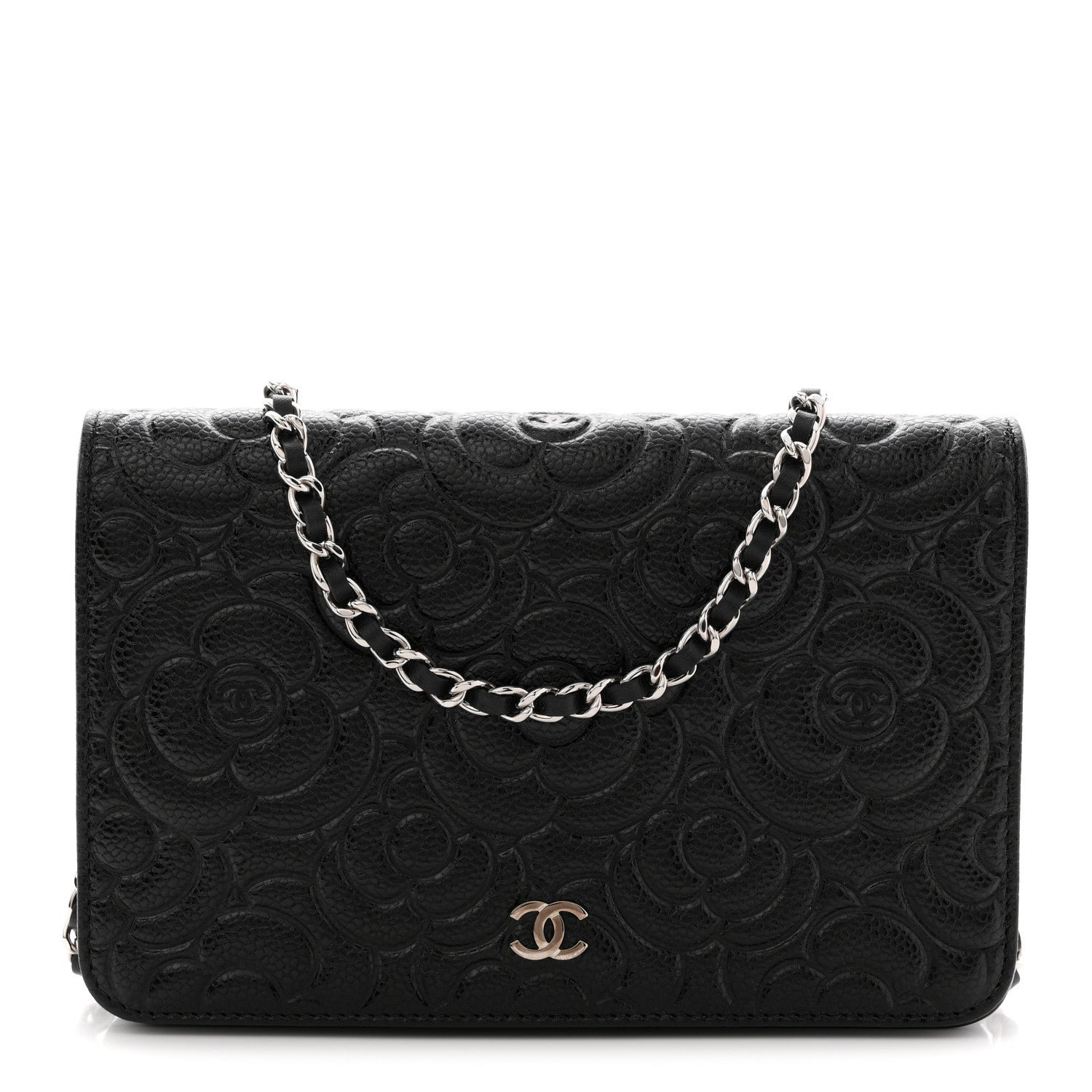 Chanel Caviar Camellia Embossed Wallet On Chain WOC Black