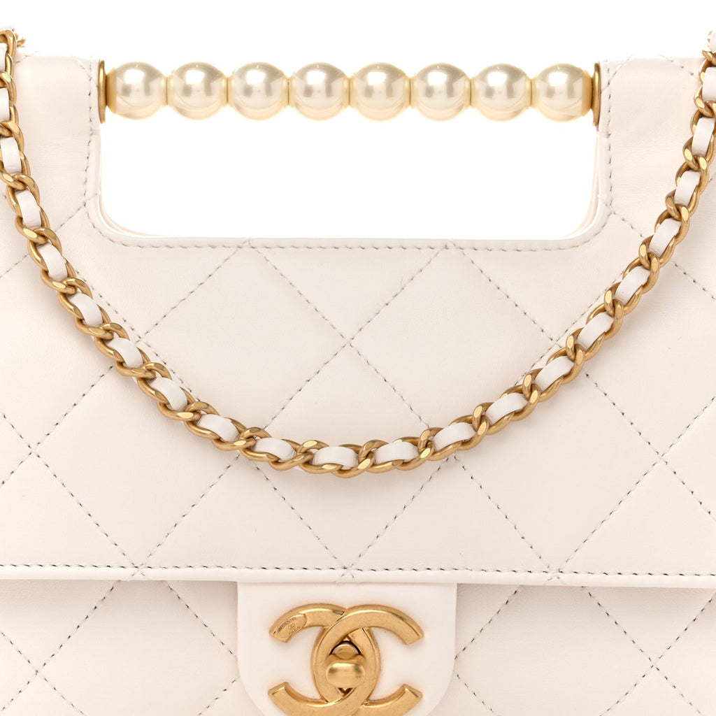 Chanel Shiny Lambskin Pearl Top Handle Flap Shopping Bag White