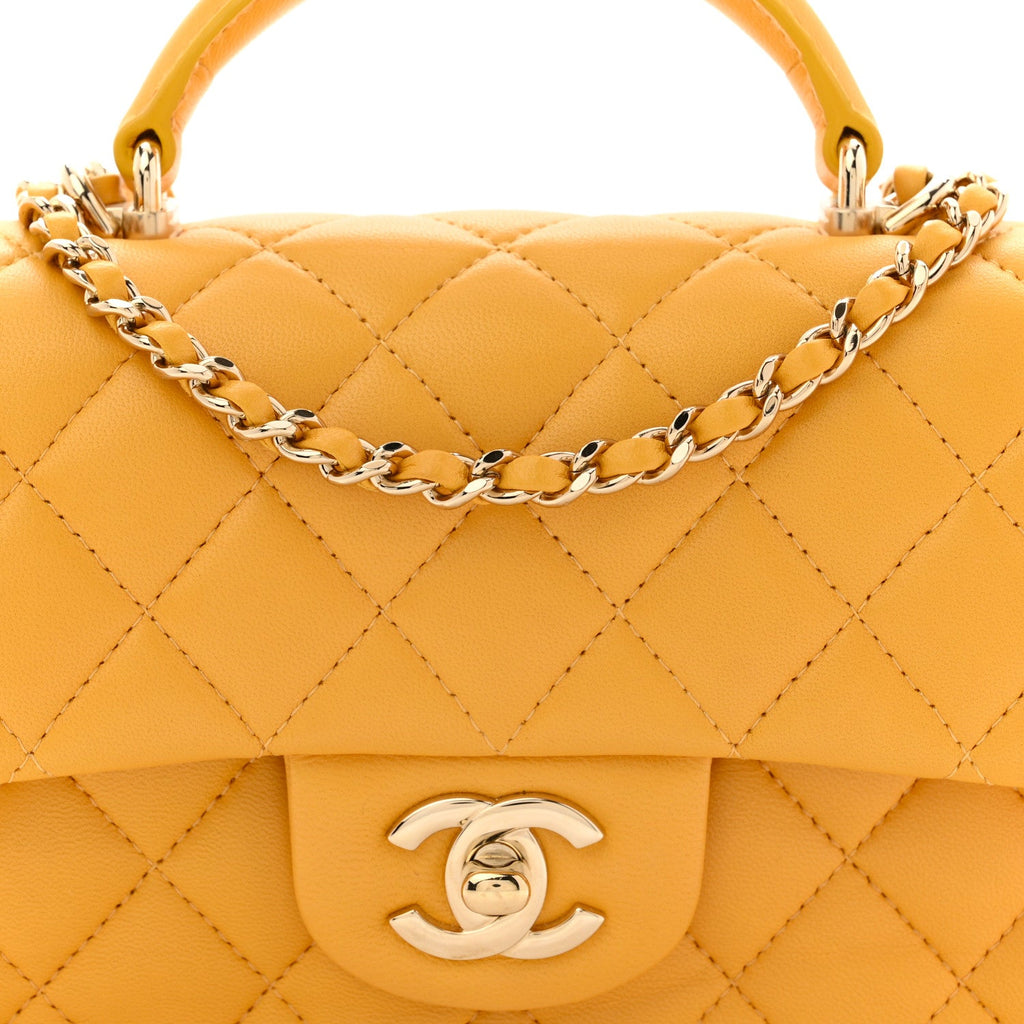 Chanel Lambskin Quilted Mini Top Handle Rectangular Flap Yellow