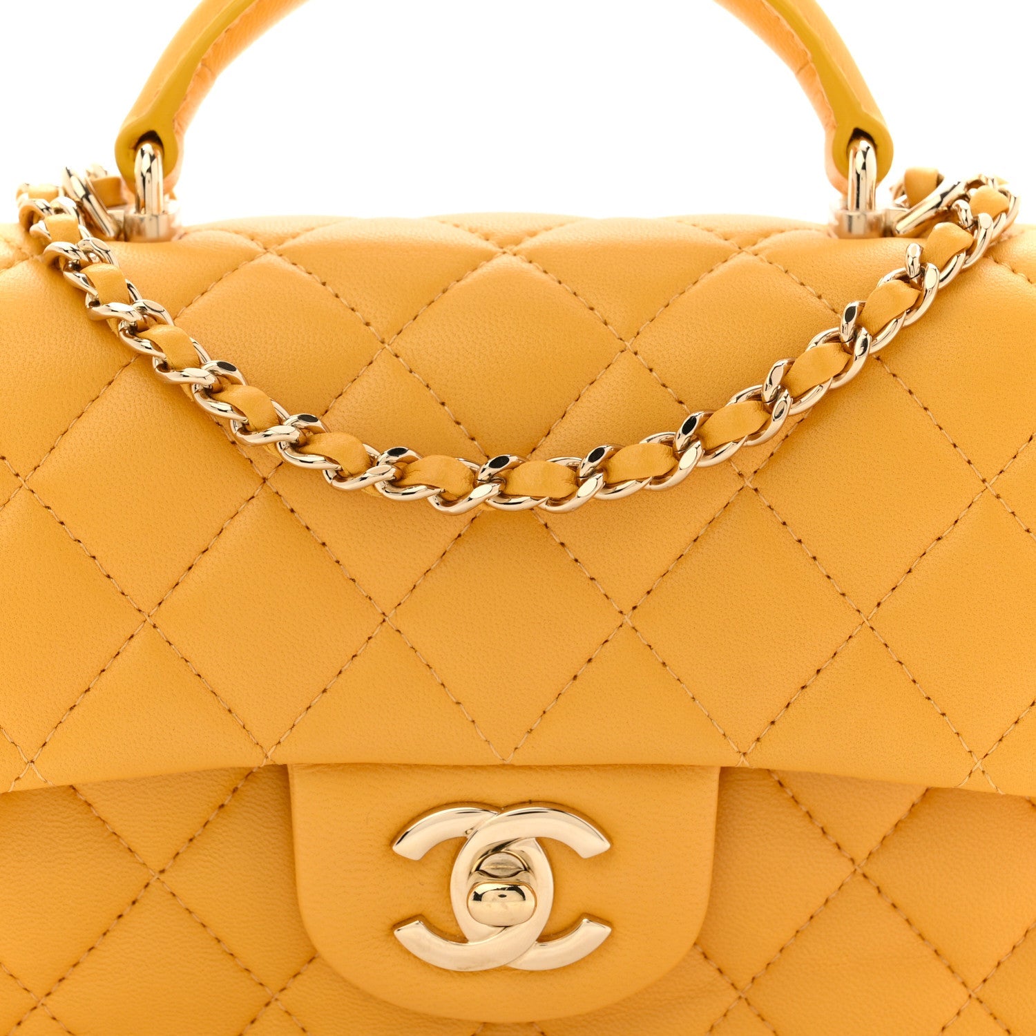 Chanel Lambskin Quilted Mini Top Handle Rectangular Flap Yellow