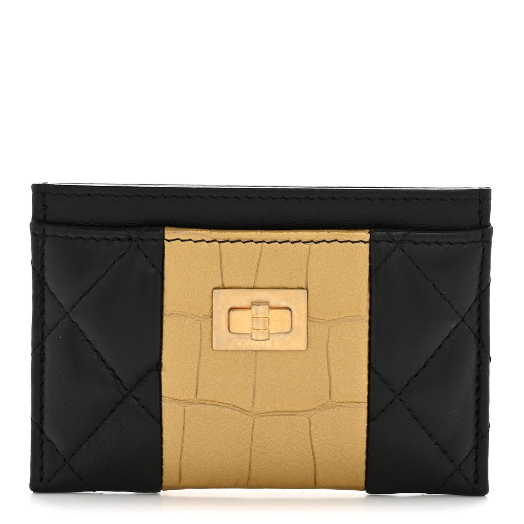 Lambskin Metallic Calfskin Crocodile Embossed 2.55 Reissue Card Holder Black Gold