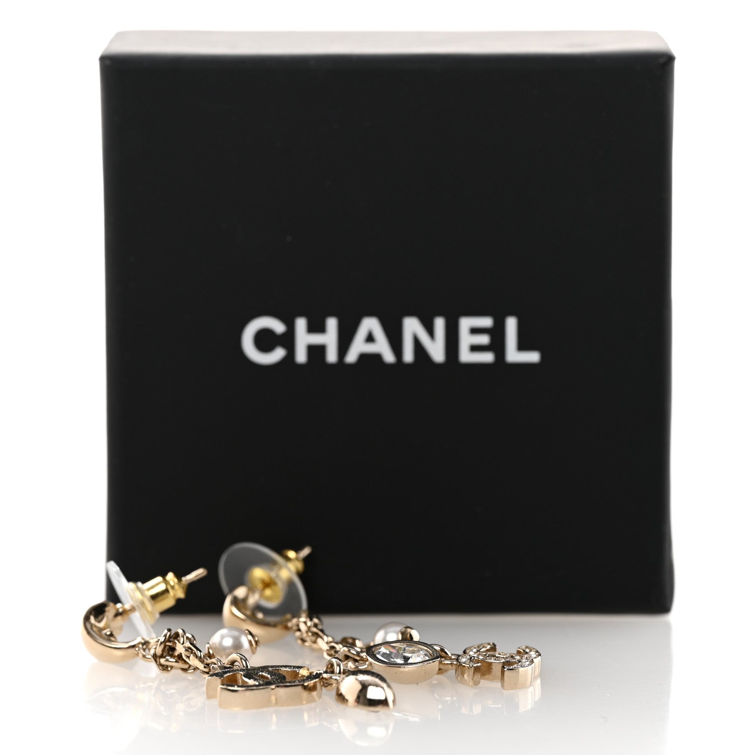 Chanel Strass Crystal Pearl CC Drop Earrings Gold