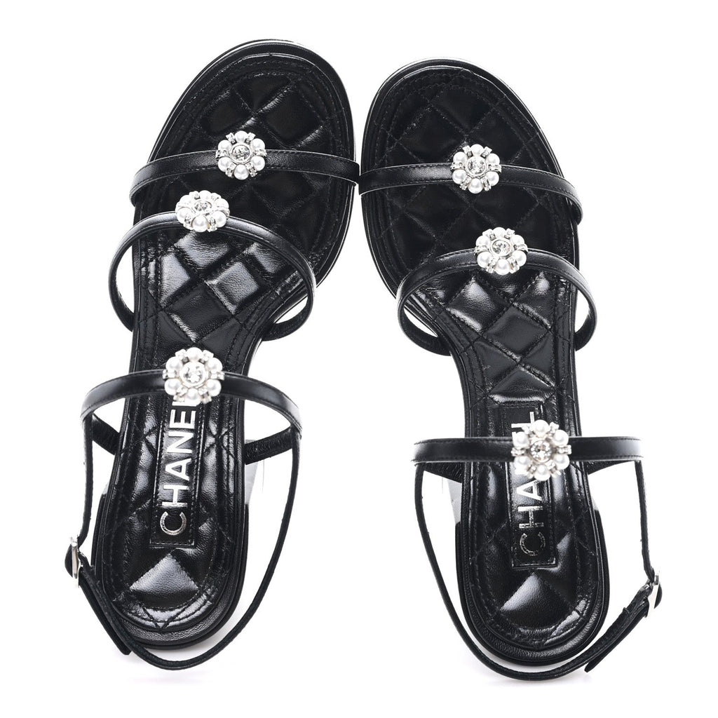 Laminated Lambskin Pearl CC Sandals 37.5 Black