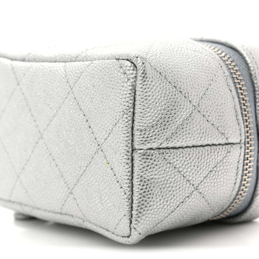 Chanel Metallic Caviar Quilted Mini Top Handle Vanity With Chain Silver
