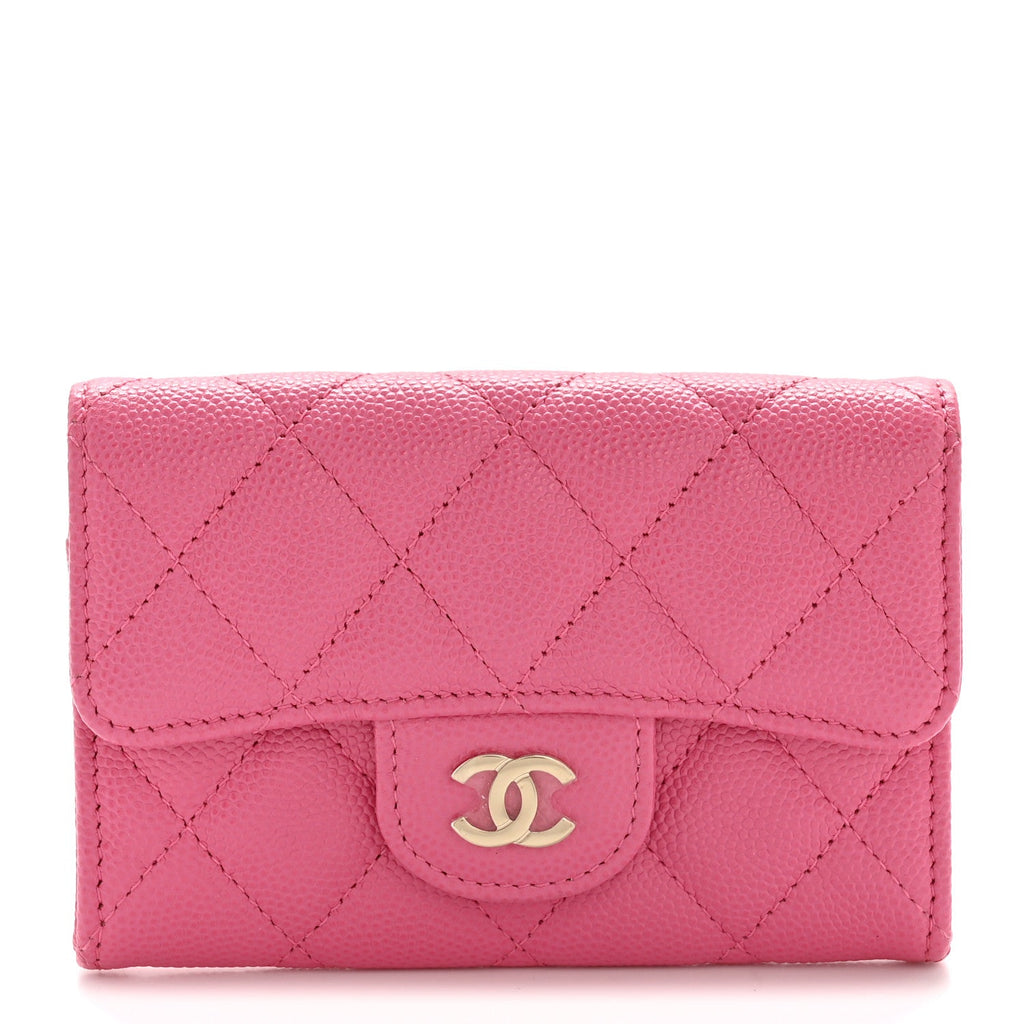 Caviar Quilted Flap Card Holder Wallet Pink
