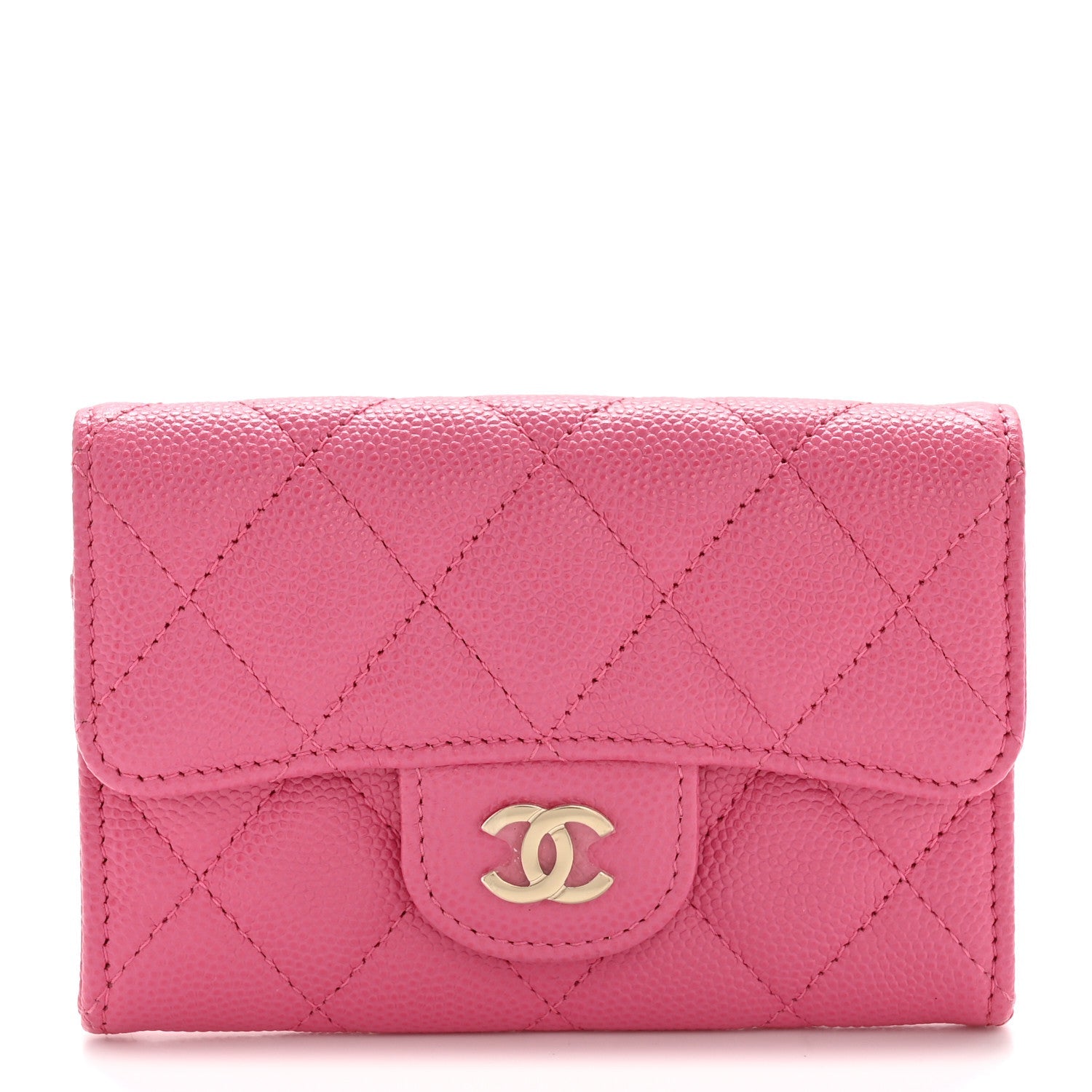 Caviar Quilted Flap Card Holder Wallet Pink