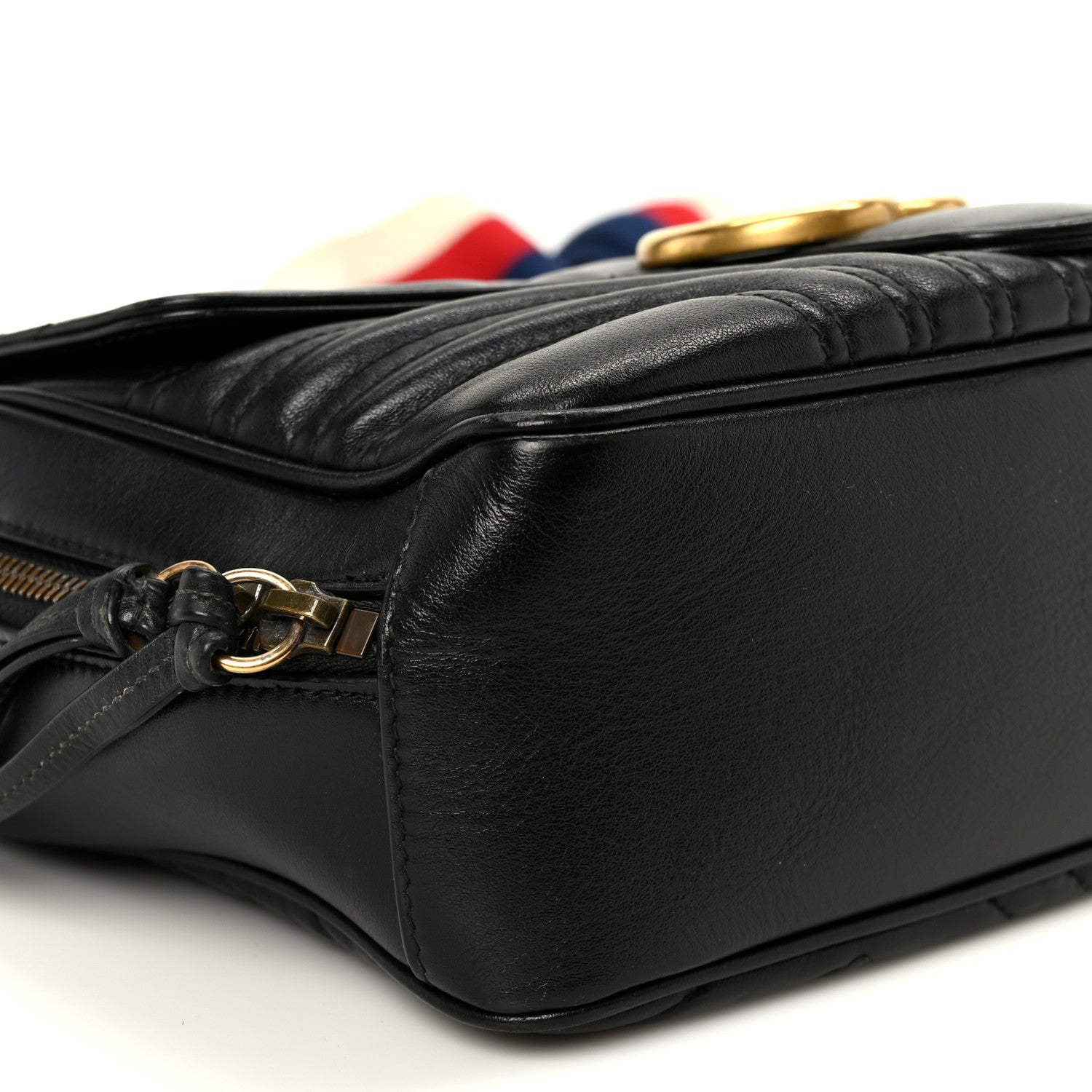 Gucci Calfskin Matelasse Sylvie Web Small GG Marmont Top Handle Shoulder Bag Black