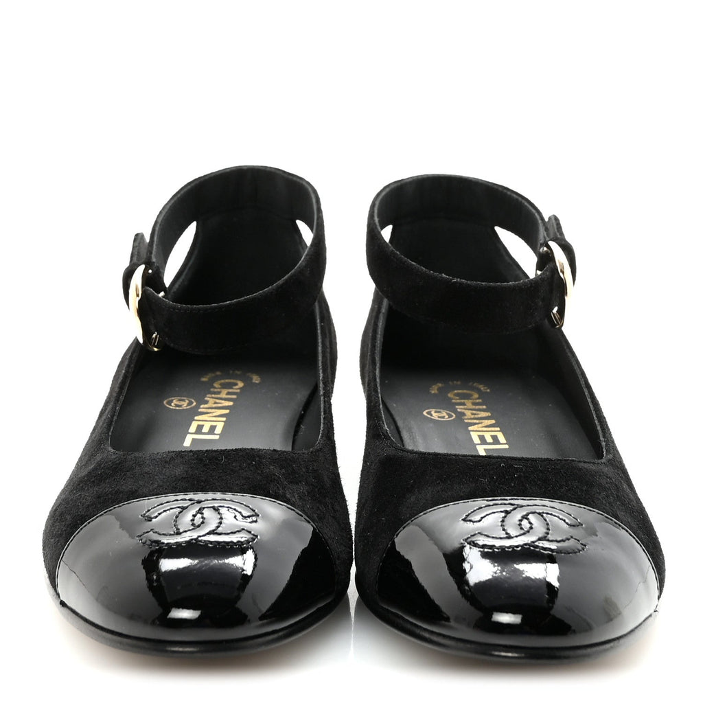 Chanel Suede Patent Cap Toe CC Mary Jane Flats 37 Black