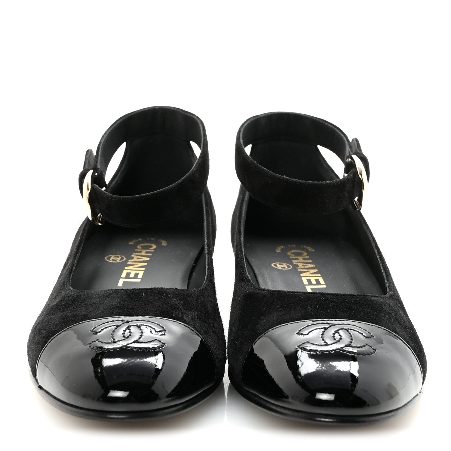 Chanel Suede Patent Cap Toe CC Mary Jane Flats 37 Black