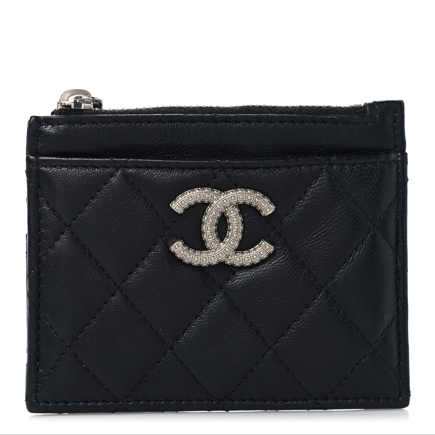 Lambskin Quilted CC Zip Card Holder Black
