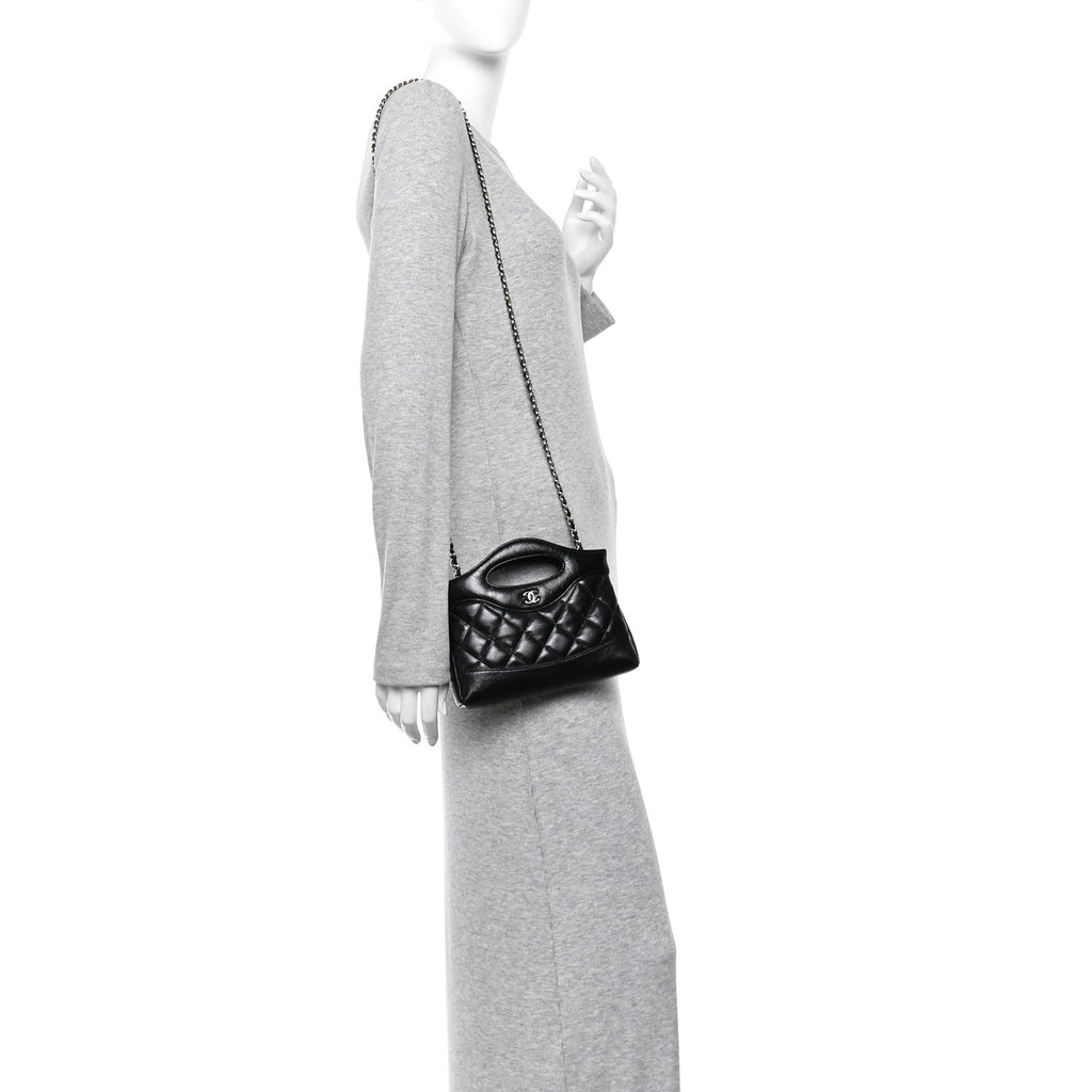 Chanel Shiny Crumpled Calfskin Quilted Nano 31 Shopping Bag Black