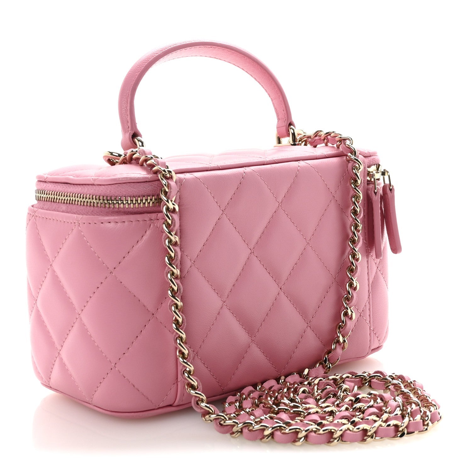 Chanel Lambskin Quilted Small Top Handle Vanity Case With Chain Pink