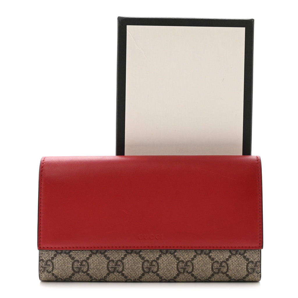 Gucci GG Supreme Monogram Calfskin Continental Wallet Beige Ebony Hibiscus Red New Rosette