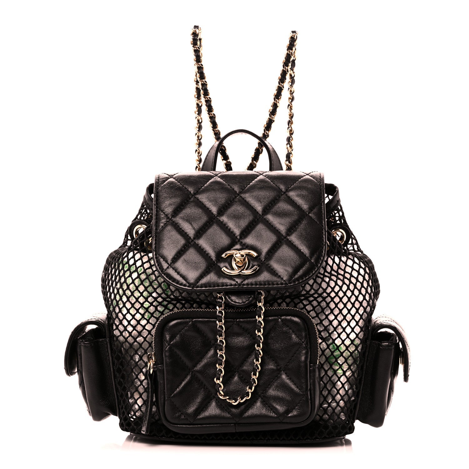 Chanel Shiny Lambskin Mesh Quilted Small Cargo Duma Drawstring Backpack Black