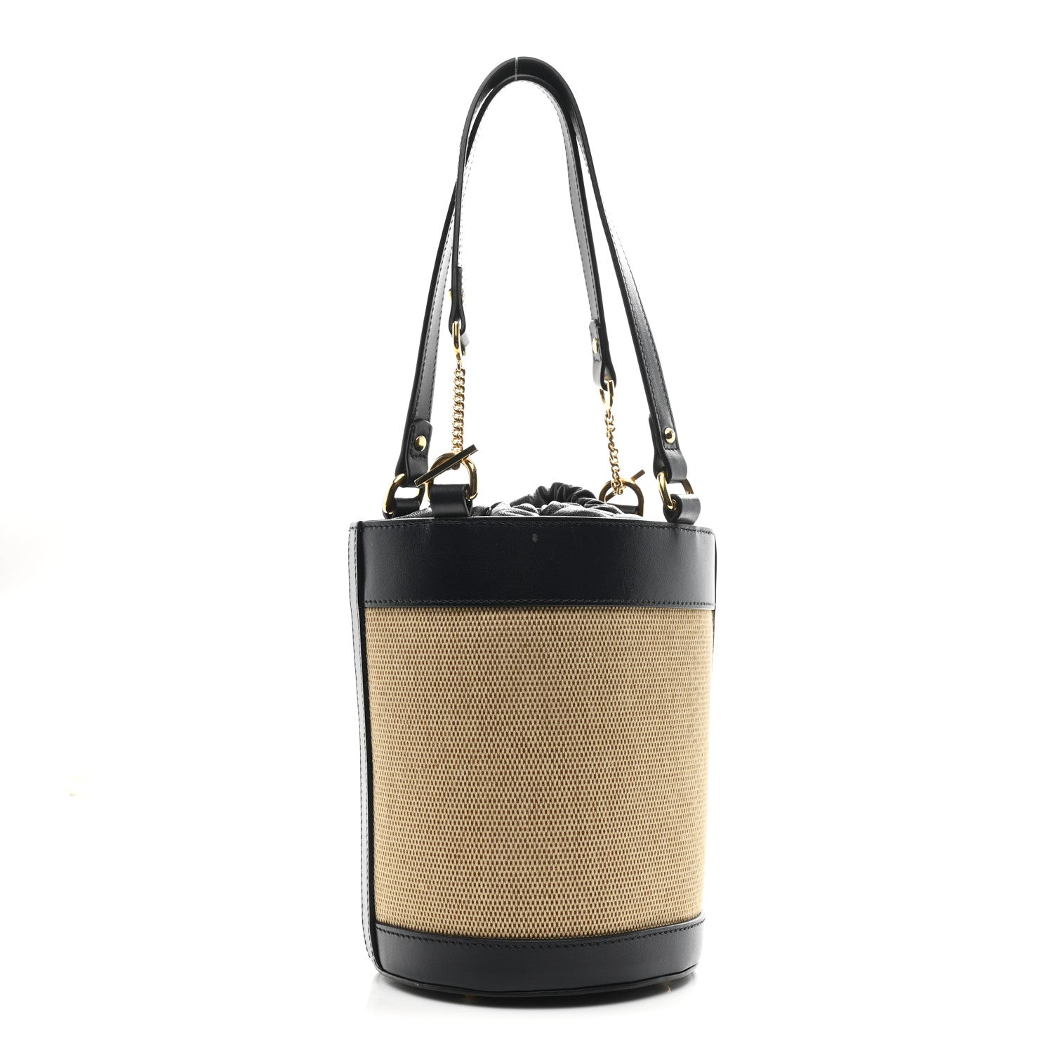 Gucci Canvas Calfskin Small Horsebit 1955 Drawstring Bucket Bag Natural Black