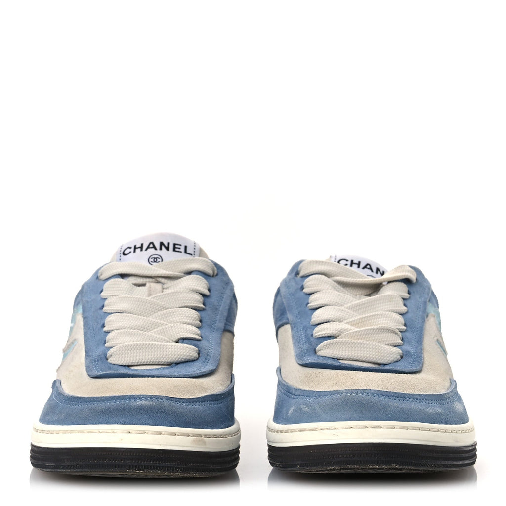 Chanel Suede Kidskin Womens CC Sneakers 37 White Blue