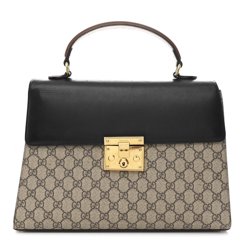 Gucci GG Supreme Monogram Calfskin Medium Padlock Top Handle Bag Beige Black Cuir