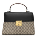Gucci GG Supreme Monogram Calfskin Medium Padlock Top Handle Bag Beige Black Cuir